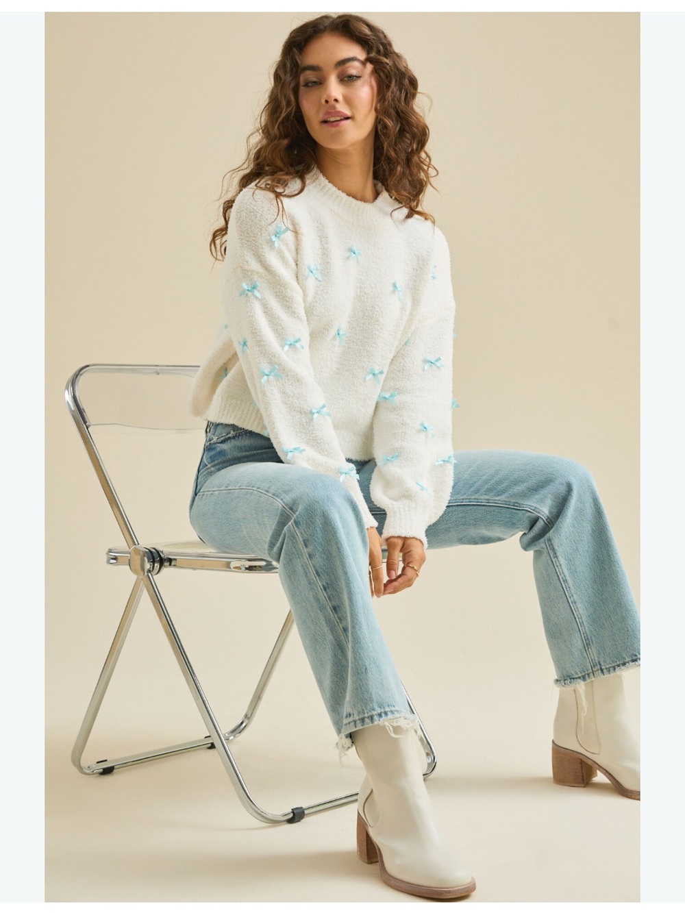 Altar'd State Tonya Teddy Bow Cream Crop Sweater with Light Blue Bow Detail